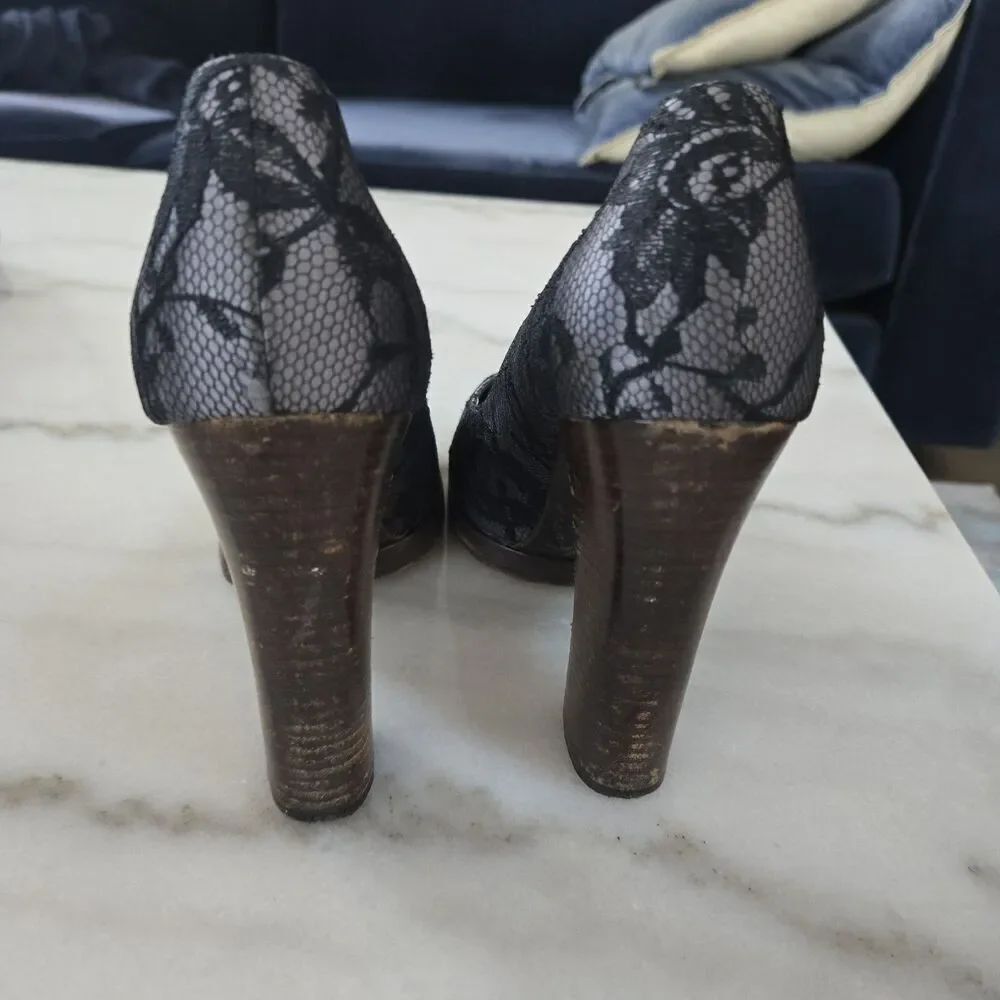 Gucci Black Grey Floral Lace and Satin Platform Round Toe Pumps Size 39 - Picture 6 of 10